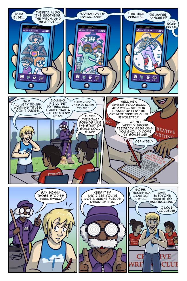 'I couldn't help but notice while I was over there sweeping the grass. You know, normal janitor stuff! I am definitely a real janitor.' True Colors 3-28: Encouraging