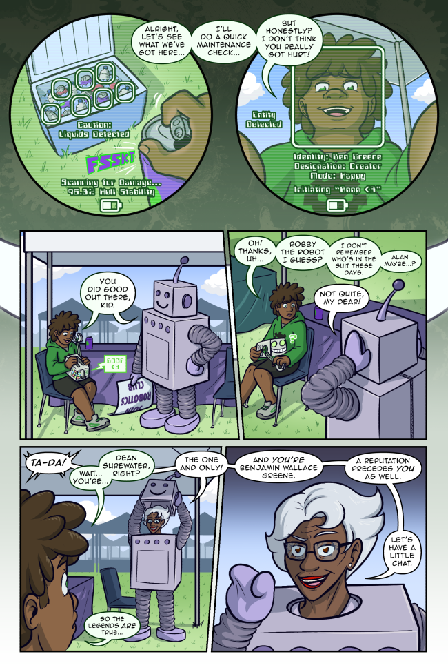 'This isn't a costume, by the way. I got hit by a campus bus, so TrueCorp had to pay for a cybernetic replacement body!' True Colors 3-43: Maintenance Check